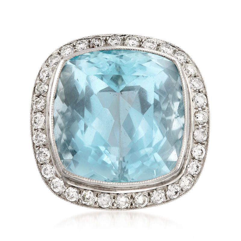 C. 1950 Vintage 14.60 Carat Aquamarine Ring with 1.00 ct. t.w. Diamonds in Platinum image number 0