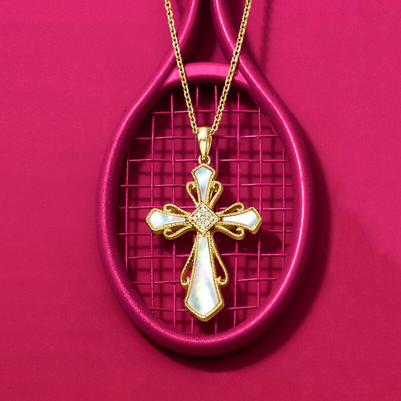 Mother-of-Pearl Cross Pendant Necklace with Diamonds in 18kt Gold Over Sterling. 18&quot; image number 2