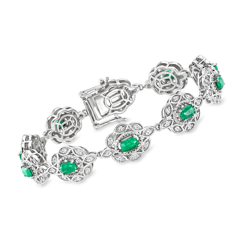3.60 ct. t.w. Emerald and 1.40 ct. t.w. White Topaz Link Bracelet in Sterling Silver. 7&quot; image number 0