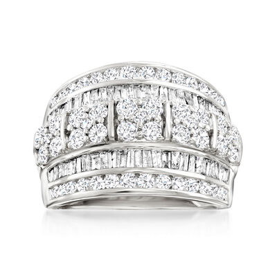 2.00 ct. t.w. Round and Baguette Diamond Multi-Row Ring in 14kt White Gold