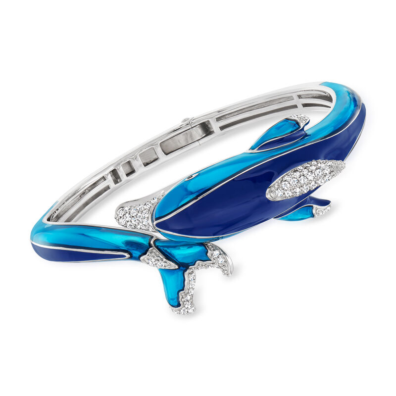 Belle Etoile "Dauphin" 1.10 ct. t.w. CZ Dolphin Bangle Bracelet with Tonal Blue Enamel in Sterling Silver image number 0