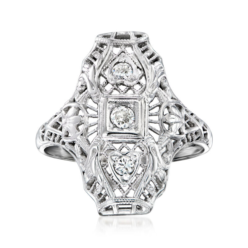 C. 1950 Vintage .15 ct. t.w. Diamond Heart Filigree Ring in 18kt White Gold. Size 6 image number 0