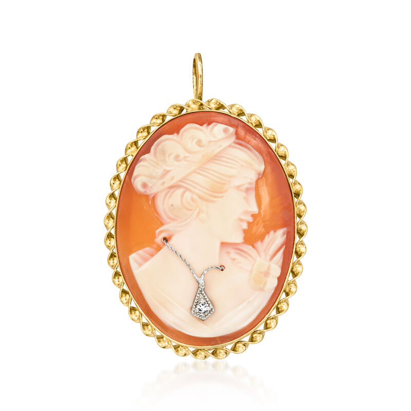 C. 1970 Vintage Brown Shell Cameo Pin/Pendant with Single Diamond in 14kt Yellow Gold  image number 0
