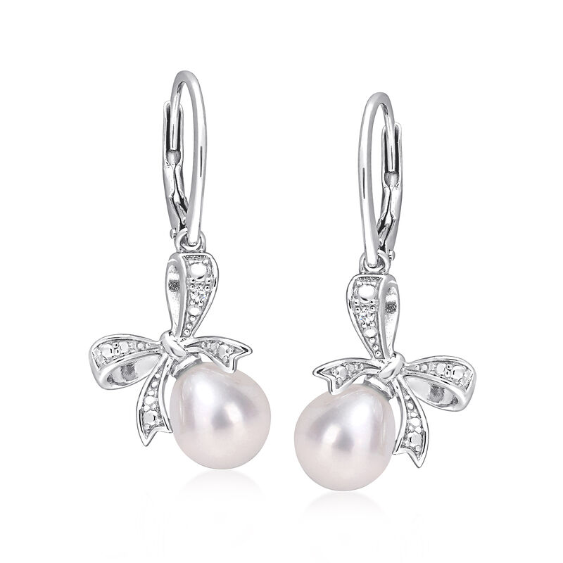 7.5-8mm Cultured Pearl Bow Drop Earrings with Diamonds in Sterling Silver  image number 0