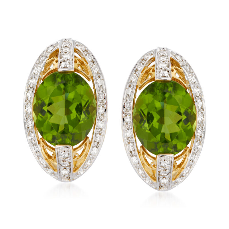 C. 1990 Vintage 7.00 ct. t.w. Peridot and .75 ct. t.w. Diamond Earrings in 14kt Yellow Gold image number 0