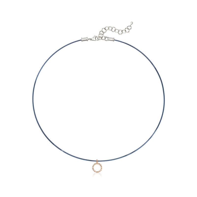 ALOR &quot;Classique&quot; .14 ct. t.w. Diamond Blue Stainless Steel Cable Pendant Necklace with 18kt Rose Gold. 16&quot; image number 1