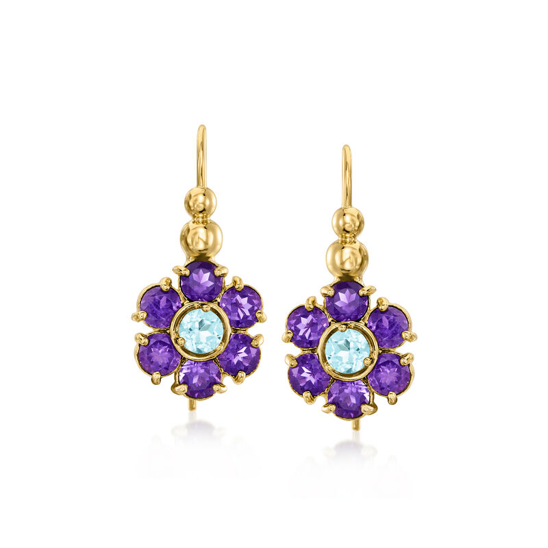 C. 1990 Vintage 3.00 ct. t.w. Amethyst and .40 ct. t.w. Sky Blue Topaz Flower Drop Earrings in 14kt Yellow Gold image number 0