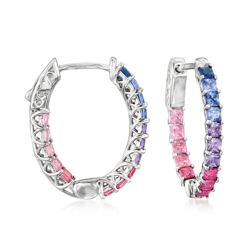 3.00 ct. t.w. Multicolored Simulated Sapphire Inside-Outside Hoop Earrings in Sterling Silver. 7/8&quot; image number 0
