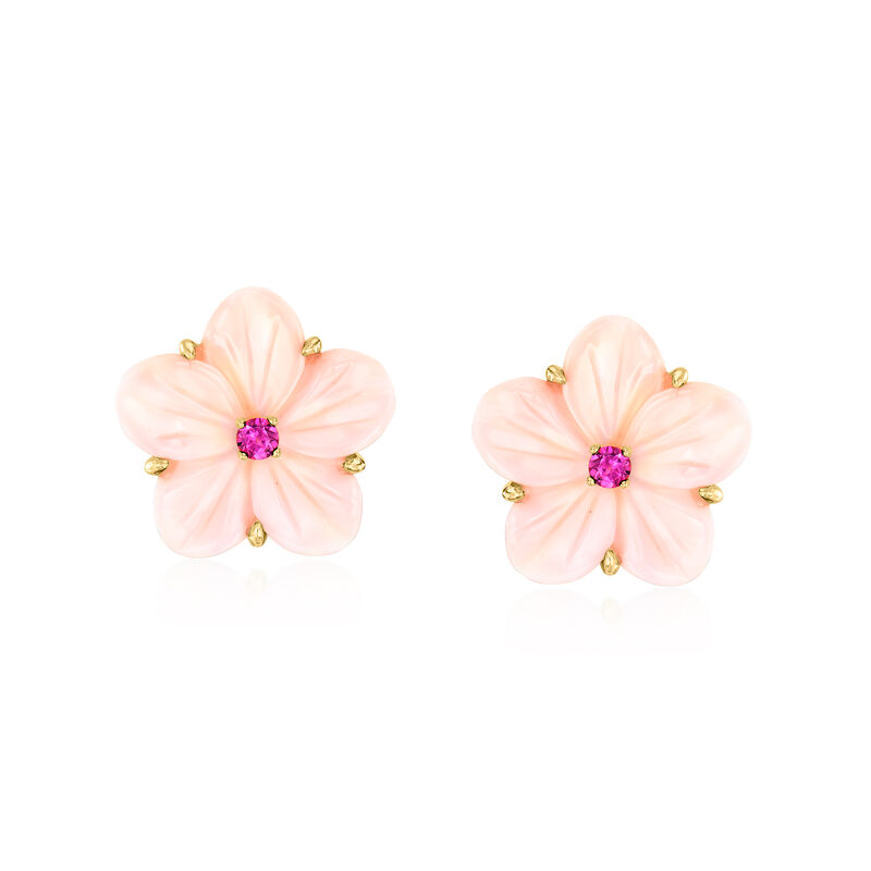 Carved Pink Shell Flower Earrings with .30 ct. t.w. Rhodolite Garnets in 18kt Gold Over Sterling  image number 0