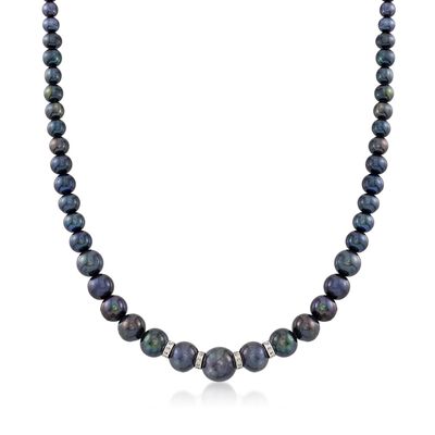 5-9mm Graduated Black Cultured Pearl Necklace with .26 ct. t.w. Diamonds in Sterling Silver