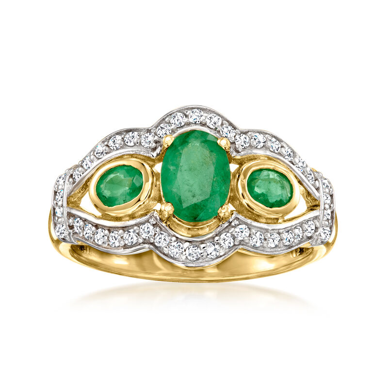 1.20 ct. t.w. Emerald and .40 ct. t.w. White Zircon Ring in 18kt Gold Over Sterling image number 0