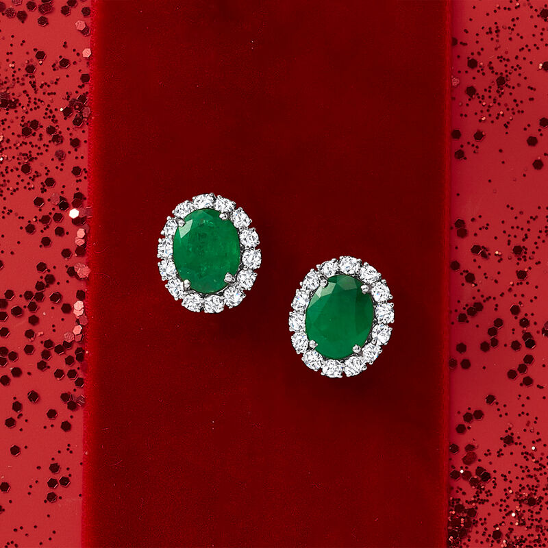 3.50 ct. t.w. Emerald and 1.25 ct. t.w. Diamond Earrings in 18kt White Gold image number 2