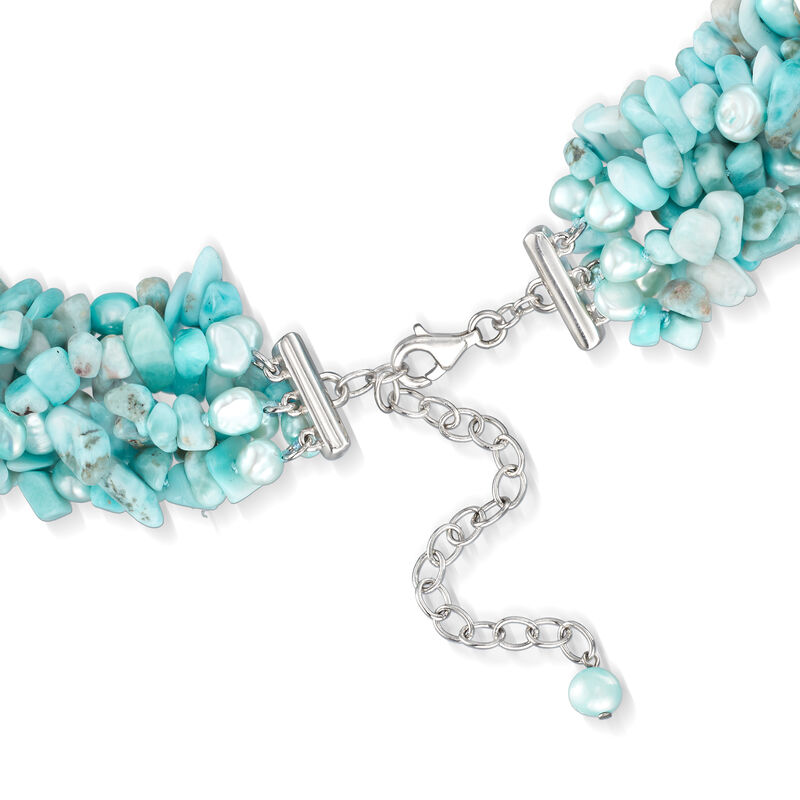 5-6mm Cultured Blue Pearls and 3-8mm Larimar Torsade Necklace with Sterling Silver. 18&quot; image number 2