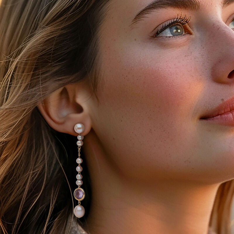 C. 2000 Vintage Mimi Milano Pink Cultured Pearl and 2.70 ct. t.w. Amethyst Drop Earrings in 18kt Yellow Gold  image number 1