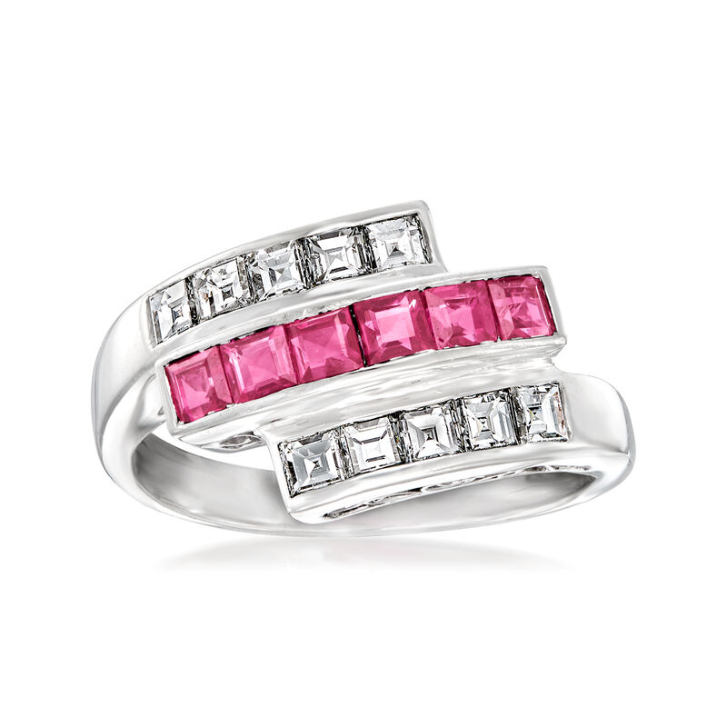 C. 1980 Vintage .75 ct. t.w. Diamond and .59 ct. t.w. Ruby Multi-Row Ring in Platinum. Size 5.5 image number 0