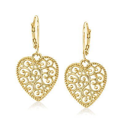 14kt Yellow Gold-Plated Filigree Heart Drop Earrings