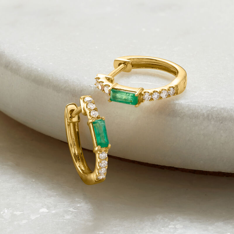 .20 ct. t.w. Emerald and .11 ct. t.w. Diamond Huggie Hoop Earrings in 14kt Yellow Gold. 3/8&quot; image number 1