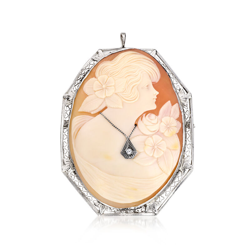 C. 1950 Vintage Orange Shell Cameo Pin/Pendant with Single Diamond in 14kt White Gold  image number 0