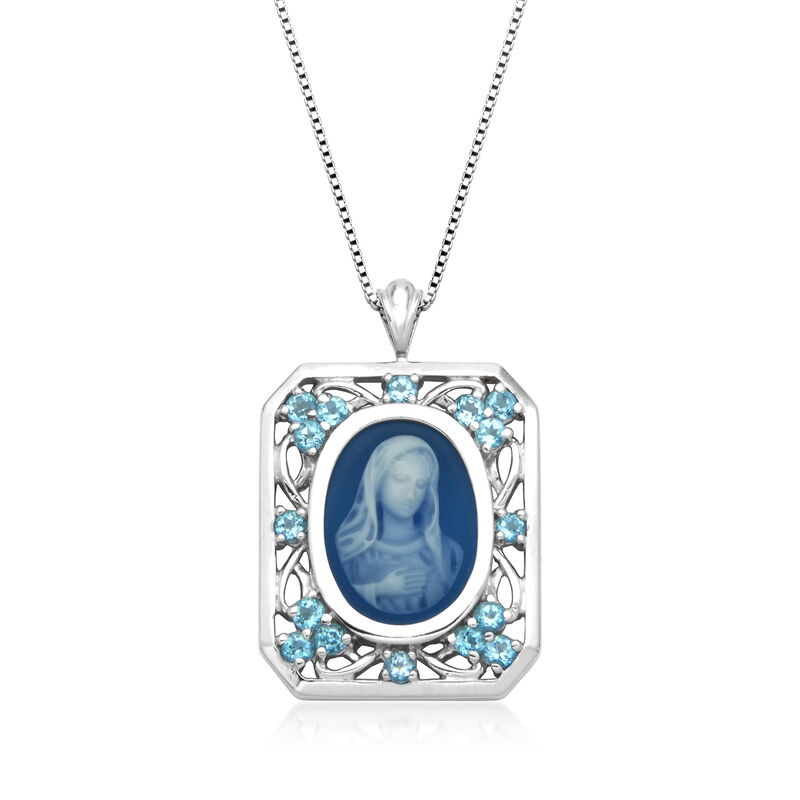 Blue Resin Virgin Mary Cameo and 1.00 ct. t.w. Swiss Blue Topaz Pendant Necklace in Sterling Silver. 18&quot; image number 0