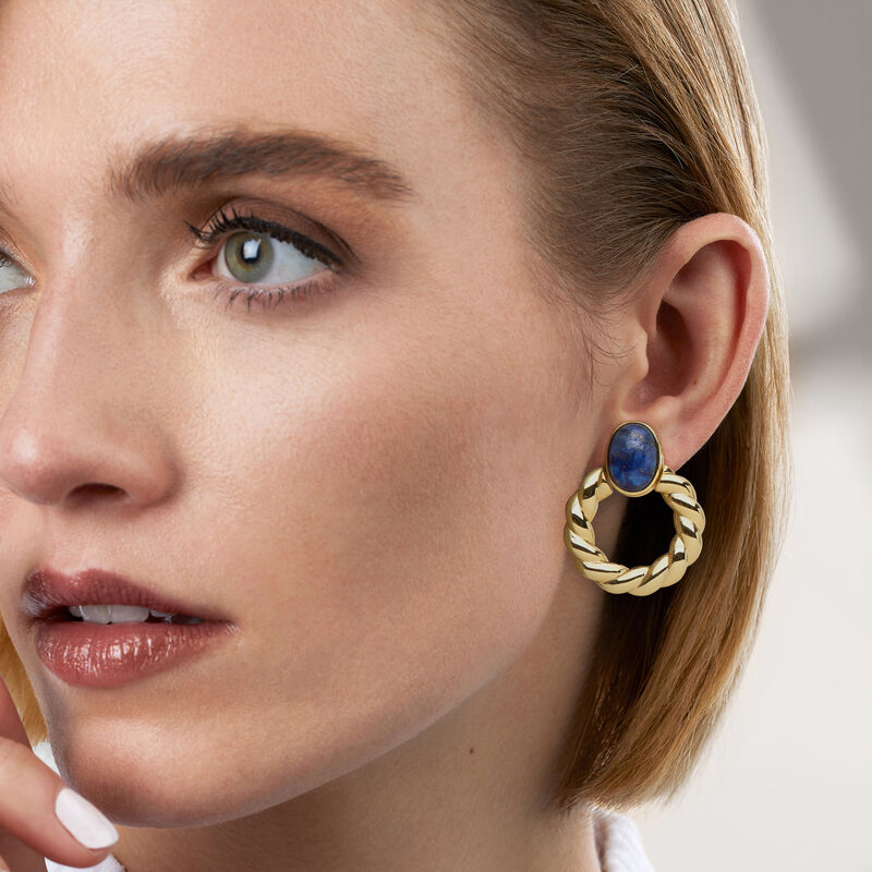 14kt Yellow Gold-Plated Twisted Hoop Earrings with Lapis. 1 3/8" image number 1