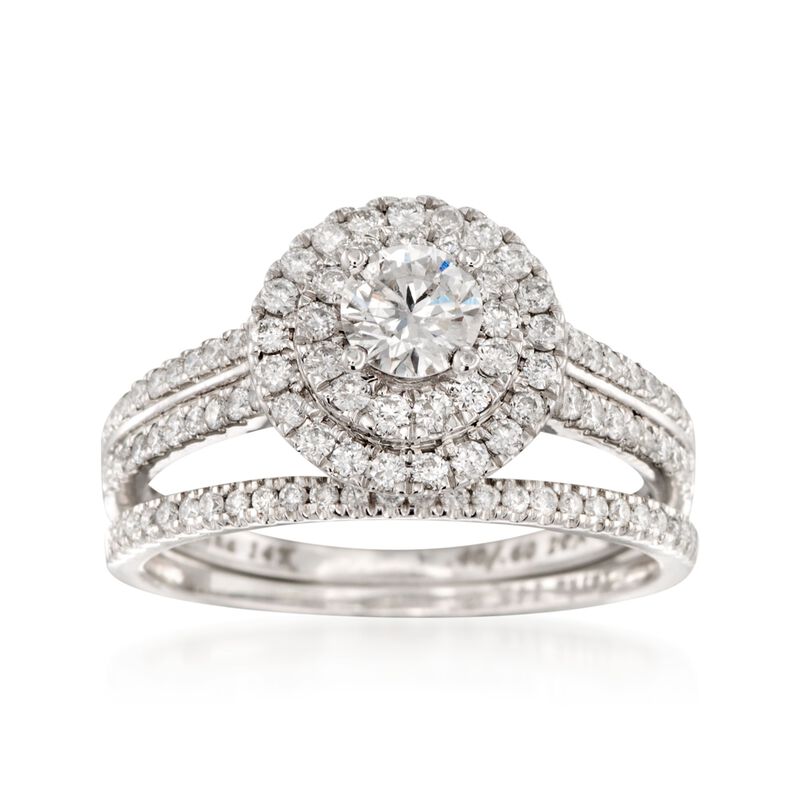 1.00 ct. t.w. Diamond Bridal Set: Double Halo Engagement and Wedding Rings in 14kt White Gold image number 0