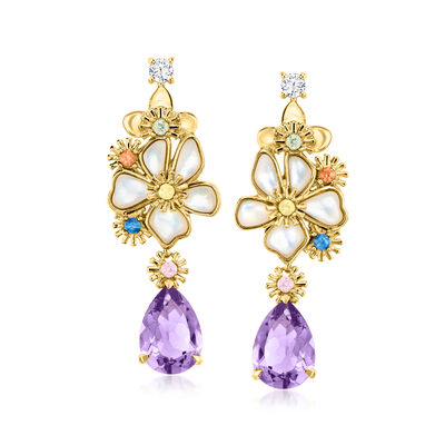 Mother-of-Pearl and 5.50 ct. t.w. Multi-Gemstone Flower Drop Earrings in 18kt Gold Over Sterling