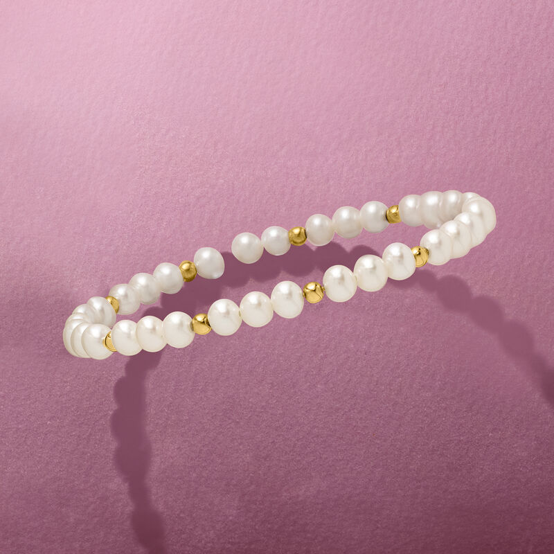 4-5mm Cultured Pearl and 14kt Yellow Gold Bead Stretch Bracelet image number 2