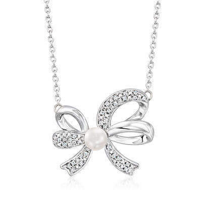 4.5-5mm Cultured Pearl and .11 ct. t.w. Diamond Bow Pendant Necklace in Sterling Silver