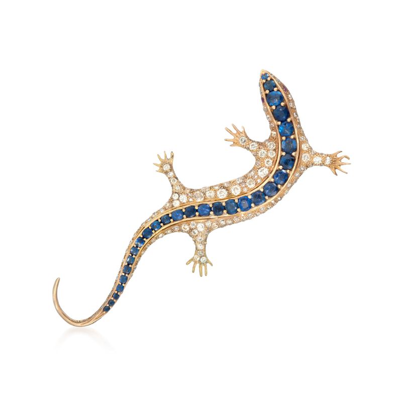 C. 1980 Vintage 5.45 ct. t.w. Sapphire and 7.00 ct. t.w. Diamond Lizard Pin with Rubies in 18kt Yellow Gold  image number 0