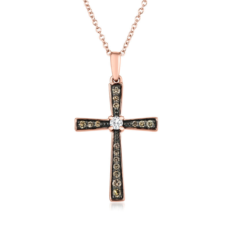 Le Vian &quot;Chocolatier&quot; .15 ct. t.w. Chocolate Diamond Cross Pendant Necklace with Single Vanilla Diamond in 14kt Strawberry Gold image number 0