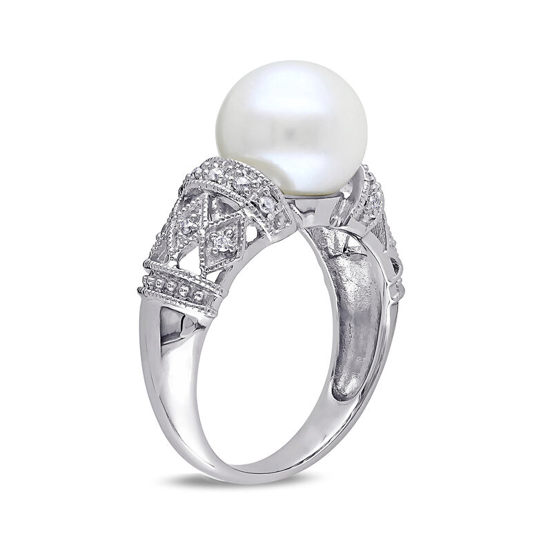 9-9.5mm Cultured Pearl Ring with Diamonds in Sterling Silver image number 1