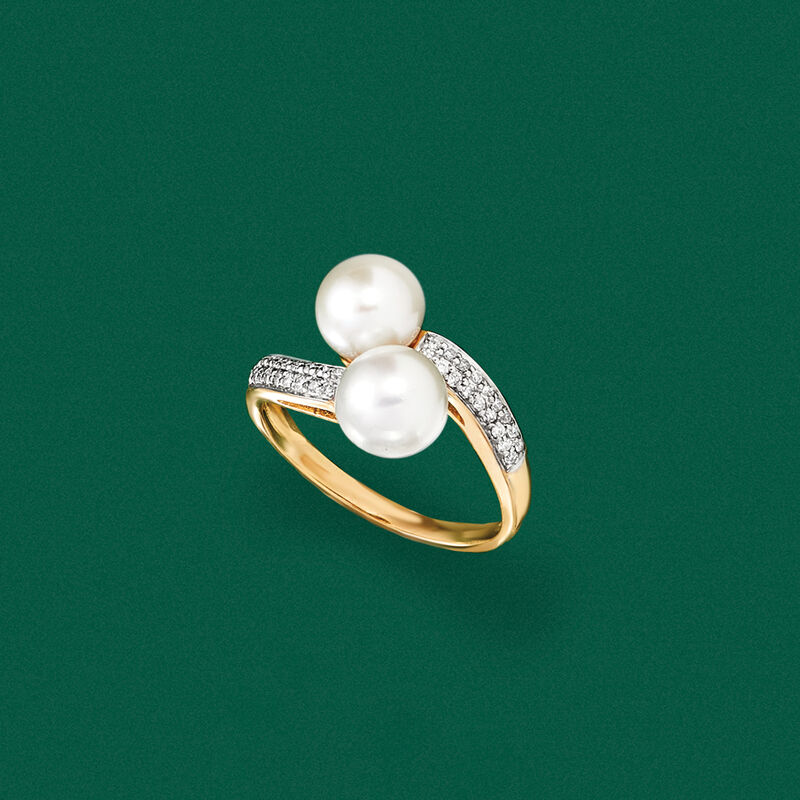7-7.5mm Cultured Pearl and .10 ct. t.w. Diamond Bypass Ring in 14kt Yellow Gold image number 3