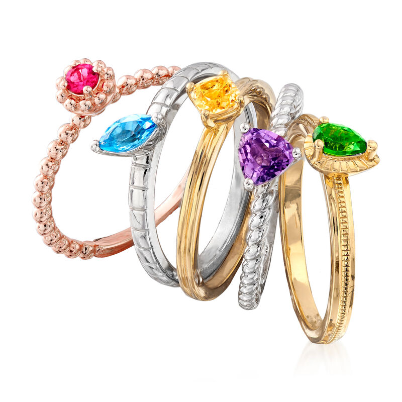 1.09 ct. t.w. Multi-Gemstone Stackable Jewelry Set: Five Rings in Sterling Silver and 18kt Yellow, White and Rose Gold Over Sterling image number 3