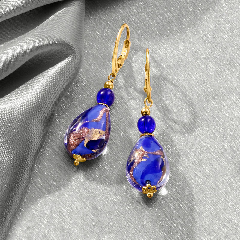Italian Blue and Goldtone Murano Glass Drop Earrings in 18kt Gold Over Sterling image number 2