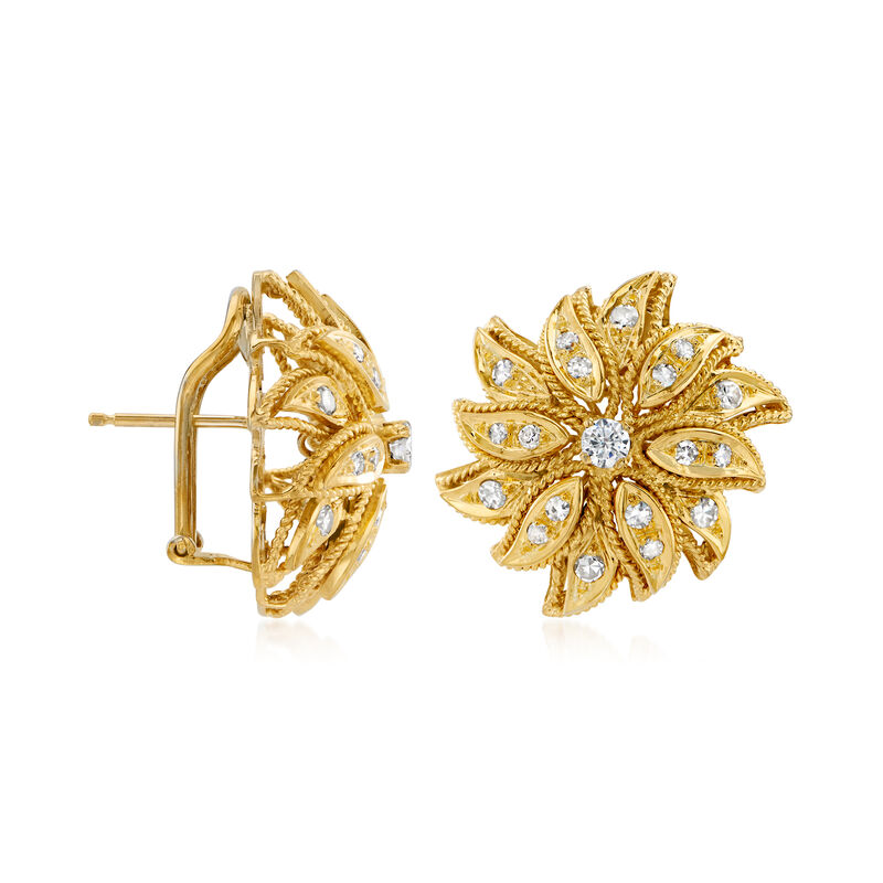 C. 1980 Vintage 1.15 ct. t.w. Diamond Flower Earrings in 18kt Yellow Gold image number 2