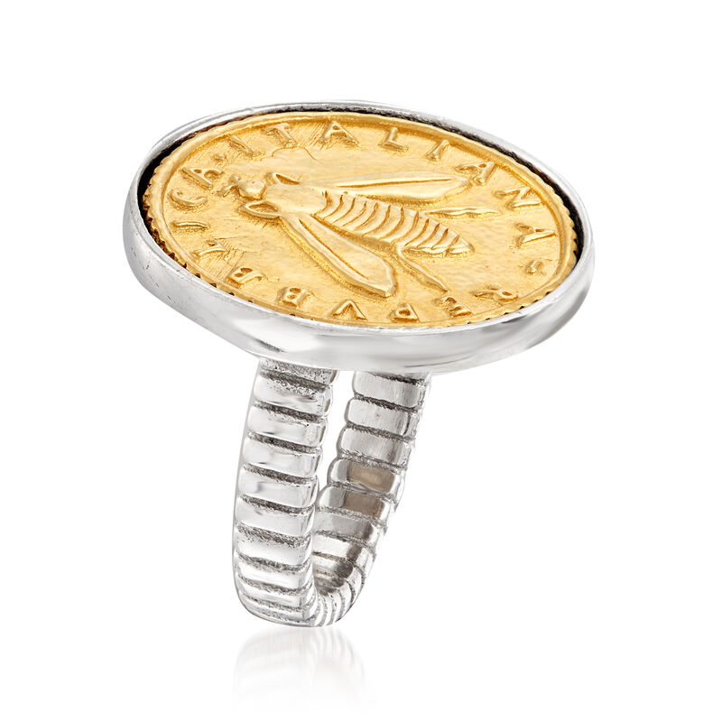 Italian Replica Lira Bee Coin Ring in Sterling Silver and 18kt Gold Over Sterling image number 2