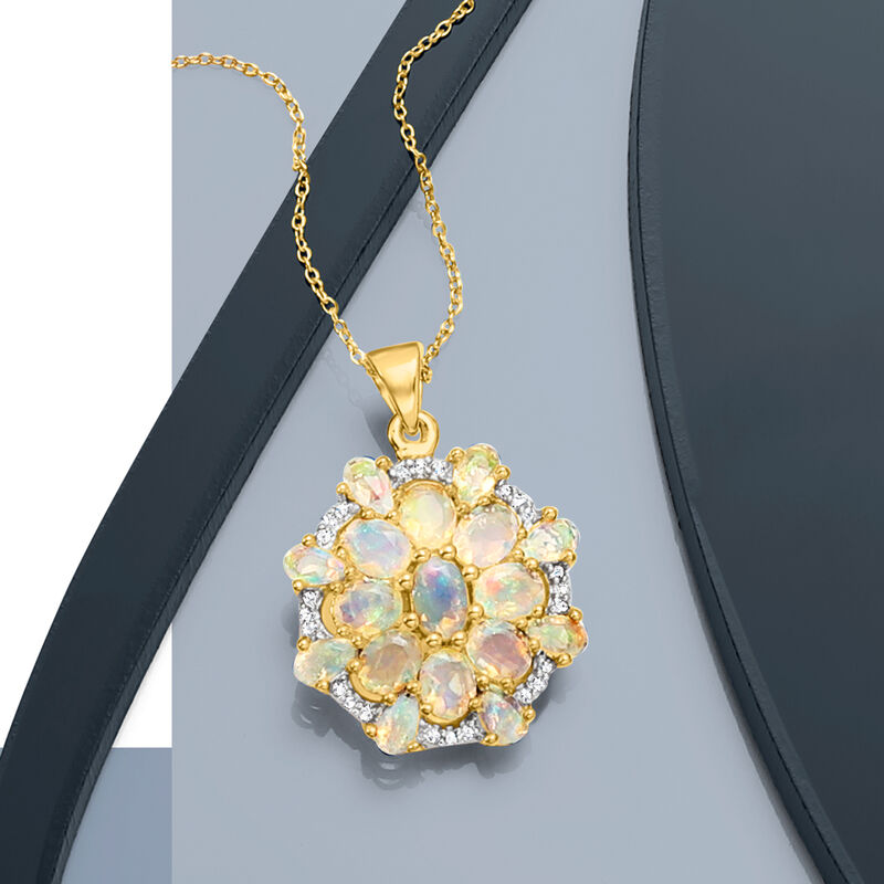 Opal and .10 ct. t.w. White Topaz Fancy Cluster Pendant Necklace in 18kt Gold Over Sterling image number 3