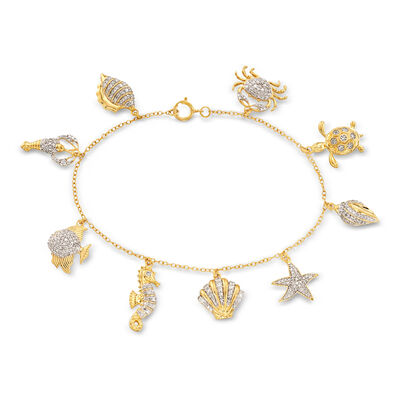 1.00 ct. t.w. Diamond Sea Life Charm Bracelet in 18kt Gold Over Sterling