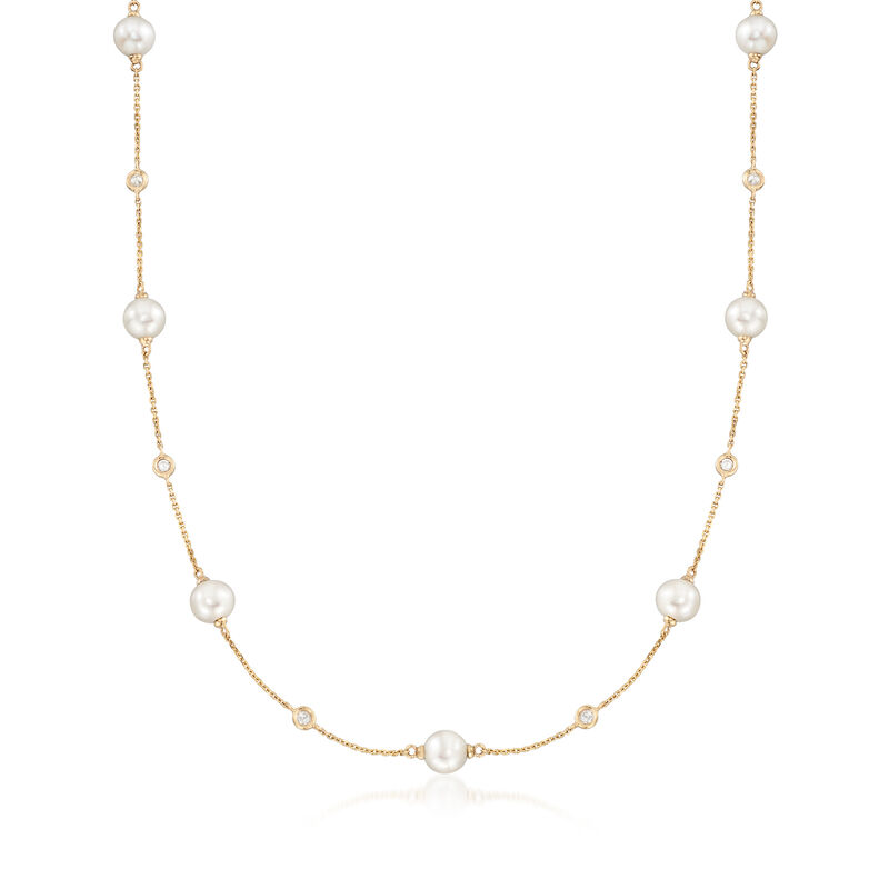 6-7mm Cultured Pearl and .30 ct. t.w. Diamond Station Necklace in 14kt Yellow Gold image number 0