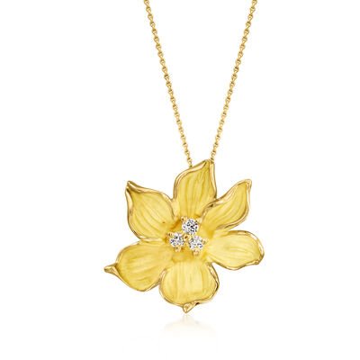 C. 1990 Vintage 14kt Yellow Gold Flower Pendant Necklace with Diamonds
