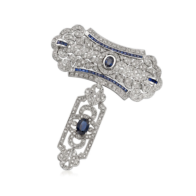 C. 1980 Vintage 2.80 ct. t.w. Sapphire and 2.25 ct. t.w. Diamond Filigree T-Shaped Pin in 18kt White Gold image number 0
