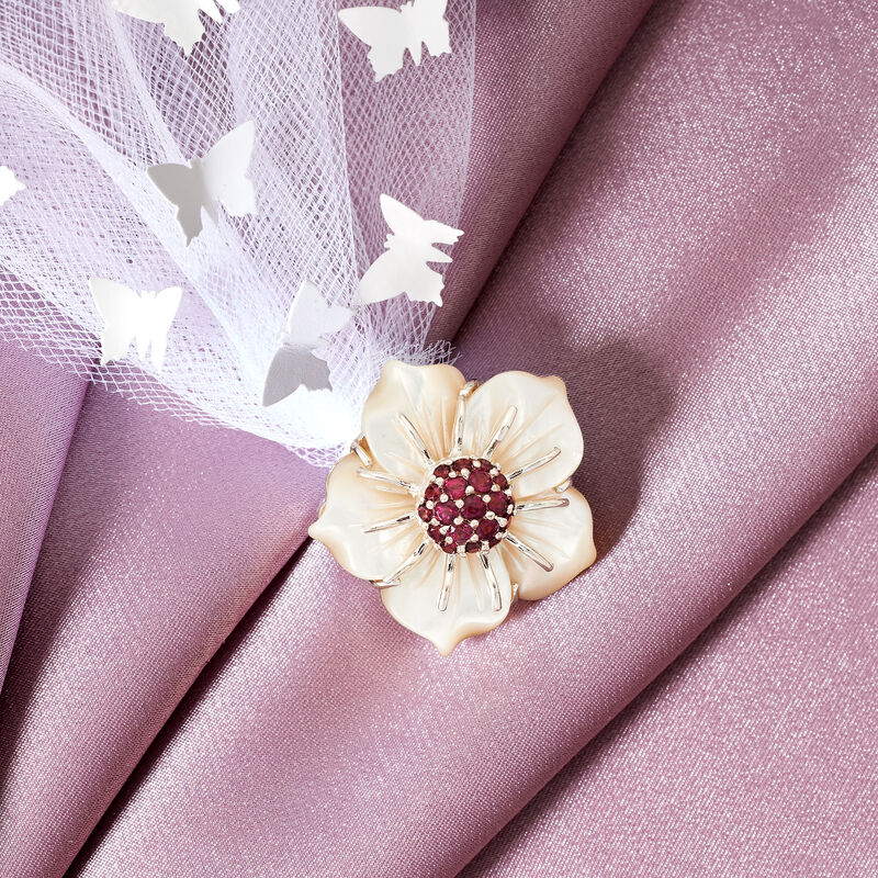 Mother-of-Pearl and 2.00 ct. t.w. Rhodolite Garnet Flower Pin in Sterling Silver image number 3