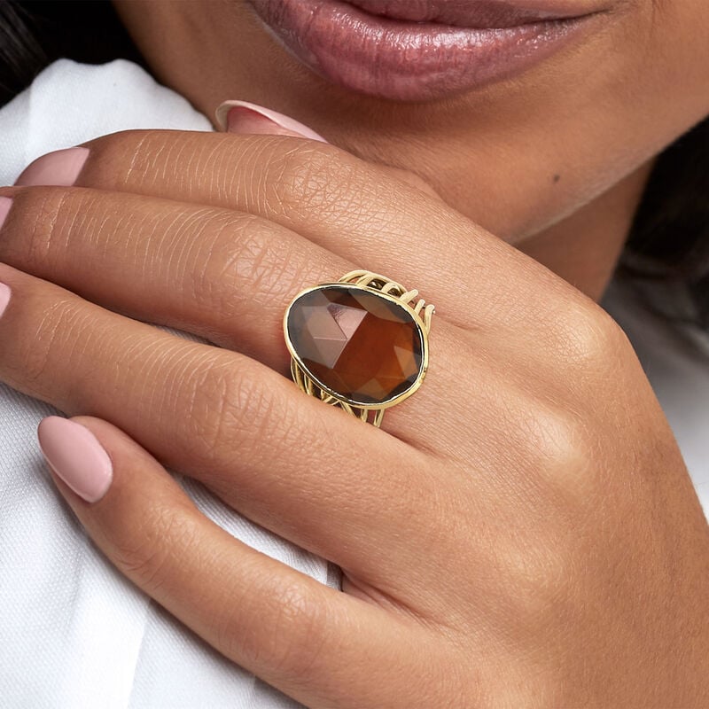 14kt Yellow Gold-Plated Ring with Simulated Brown Quartz image number 1