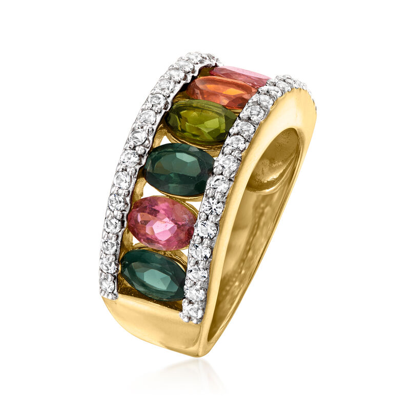 3.10 ct. t.w. Multicolored Tourmaline Ring with .70 ct. t.w. White Topaz in 18kt Gold Over Sterling. Size 9 image number 2