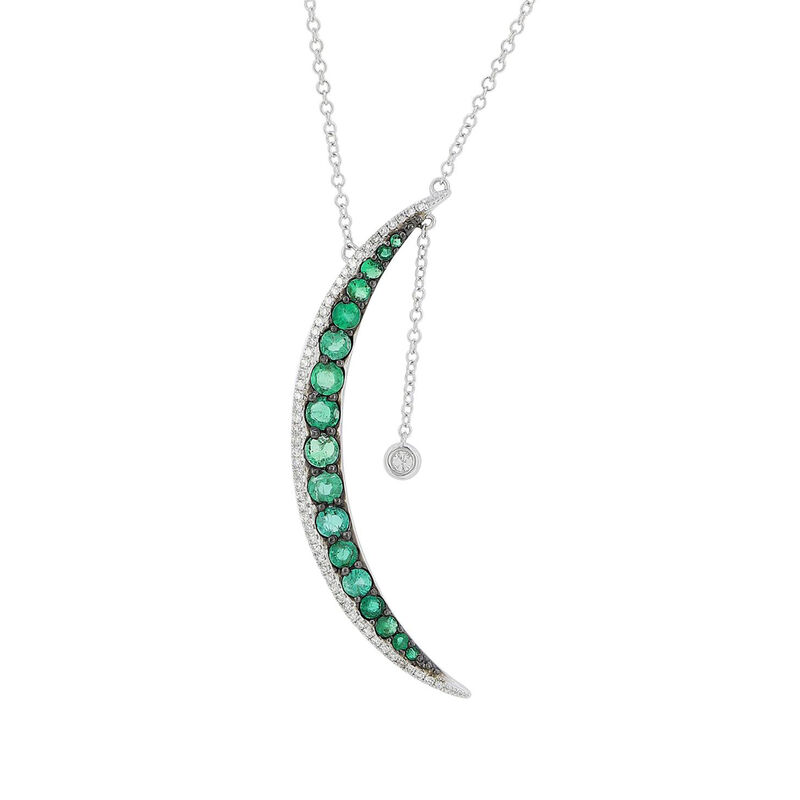 1.30 ct. t.w. Emerald and .19 ct. t.w. Diamond Half-Moon Necklace in 14kt White Gold. 15.5&quot; image number 0