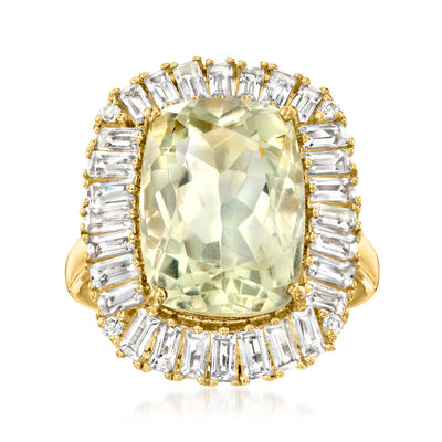 6.75 Carat Prasiolite and 1.86 ct. t.w. White Topaz Ring in 18kt Gold Over Sterling