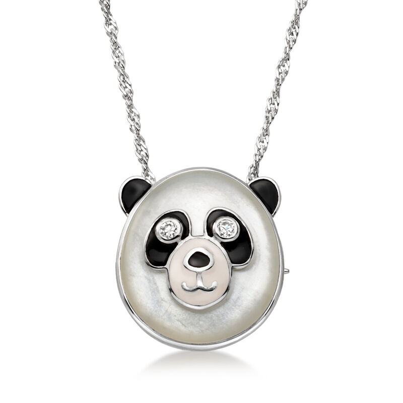 Moonstone and .20 ct. t.w. White Zircon Panda Pin/Pendant Necklace with Black and White Enamel in Sterling Silver image number 0