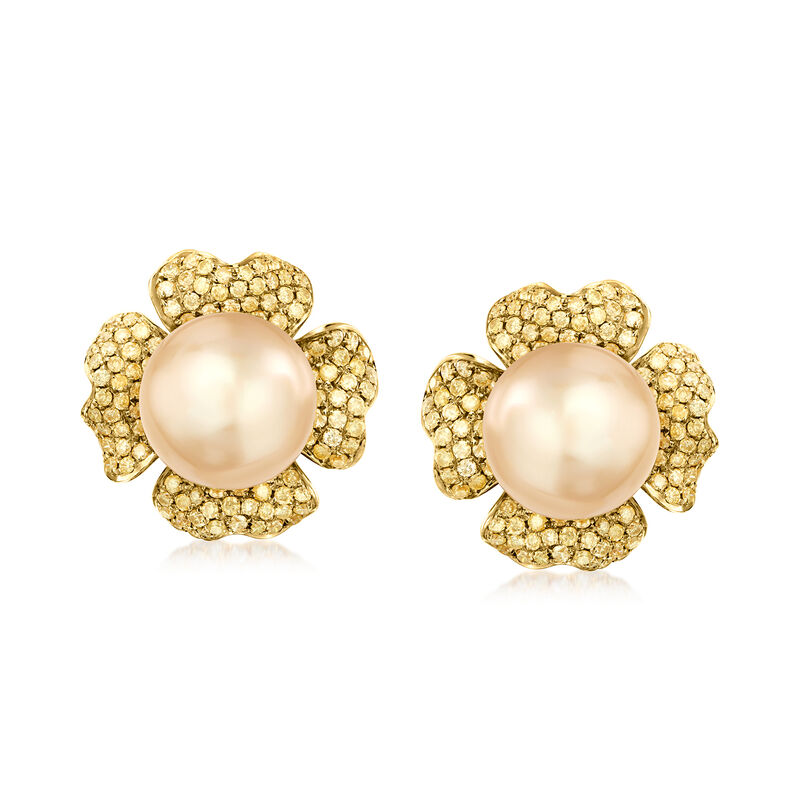 10-12mm Golden Cultured South Sea Pearl Earrings with 1.65 ct. t.w. Yellow Diamonds in 18kt Yellow Gold  image number 0