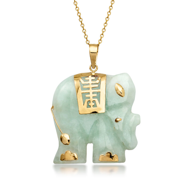 C. 1990 Vintage Jade Elephant Pendant Necklace in 14kt Yellow Gold. 18" image number 0