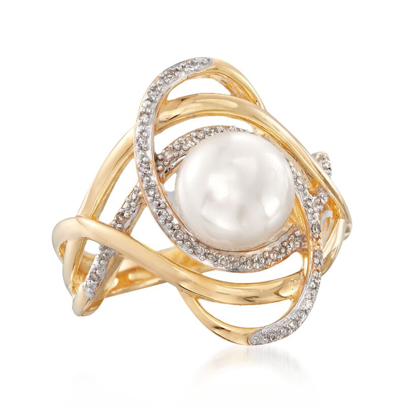 8-8.5mm Cultured Pearl and .10 ct. t.w. Diamond Swirl Ring in 18kt Gold Over Sterling image number 3